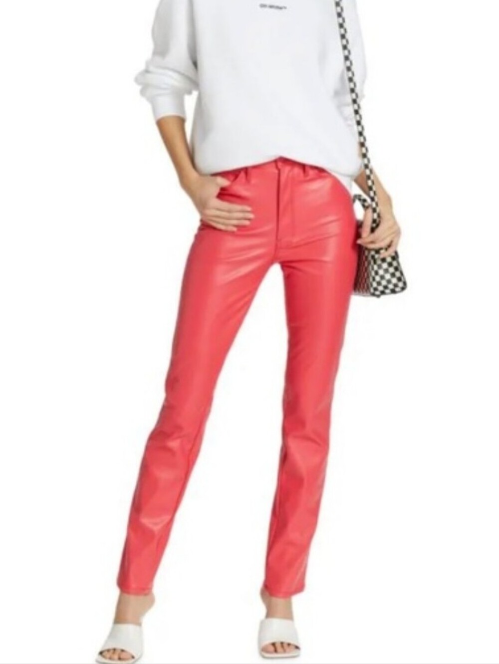 MOTHER The Dazzler Skimp Coral Red Pink Faux-Leather Skinny Jeans 28